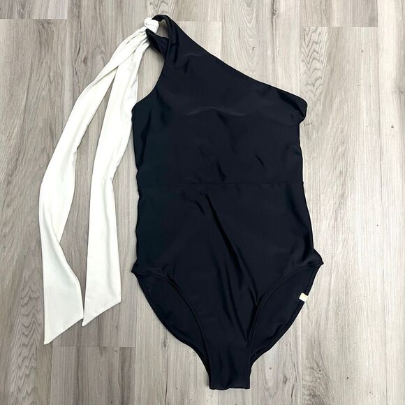 SummerSalt Swimsuit Women’s 6 Black The Bow-Shoulder Ruched Sidestroke One Piece - Picture 1 of 4